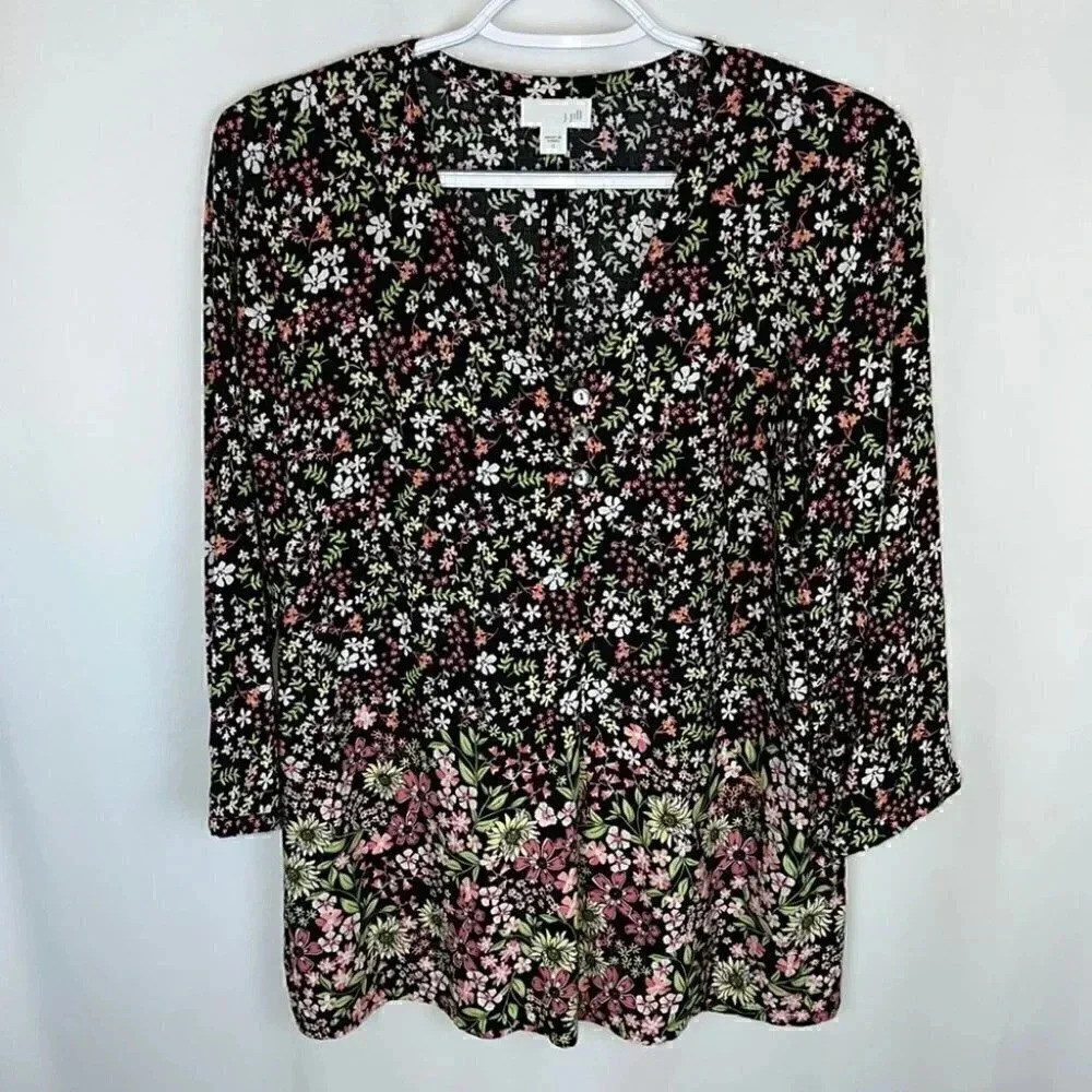 J Jill Floral Spring Lightweight Cottagecore Blouse Black‎ Pink White Small